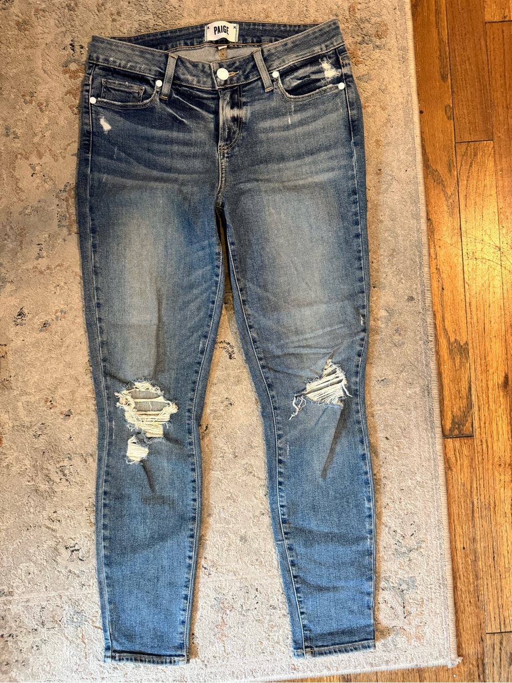 PAIGE Distressed Medium Blue Skinny ankle Jeans